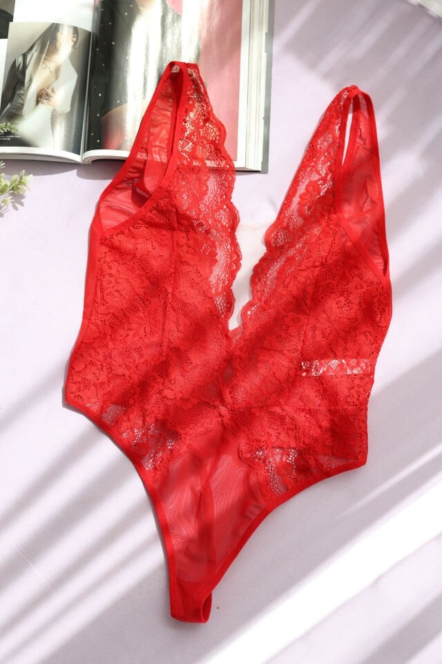 Kırmızı Dantelli Transparan Kadın Bodysuit