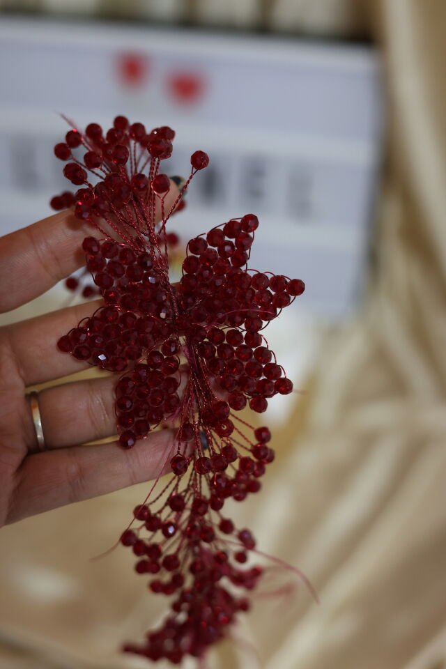 Bordo Renk Boncuklu Gelin Tacı Saç Aksesuarı