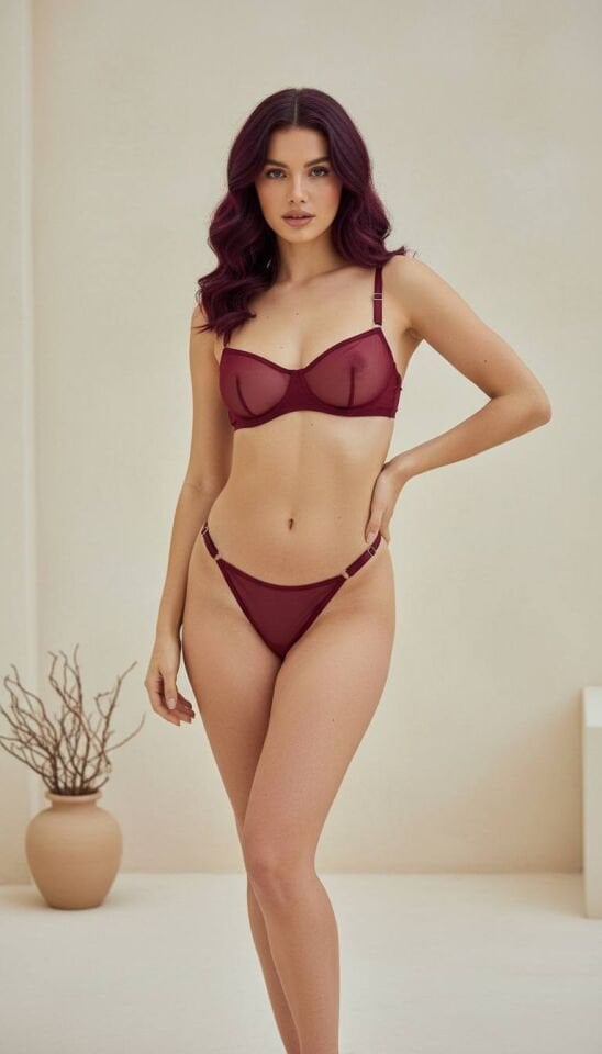 Tül Bordo Balenli Sütyen Takımı