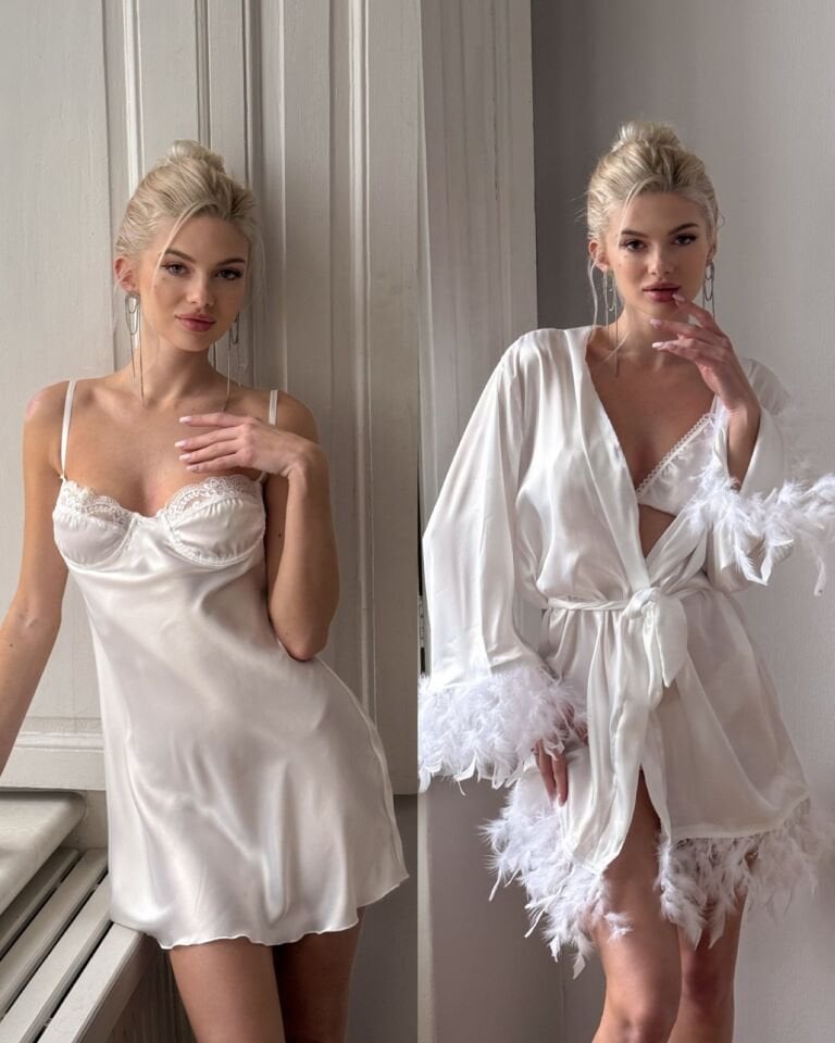 Beyaz Gelin Seti , Tüylü Sabahlık , Saten Gecelik , Dantelli Jartiyet Takım