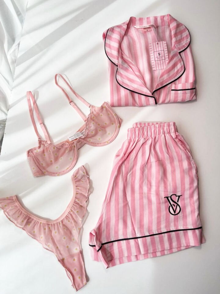 Pamuklu Şortlu Gecelik Seti , Balenli Papatya Desenli Brode Tül Takım