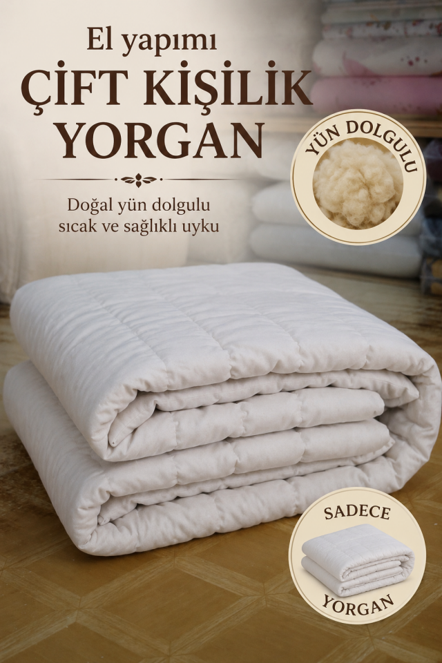El Yapımı Yün Yorgan Battal Boy (200x220 ) %100 Koyun Yünü