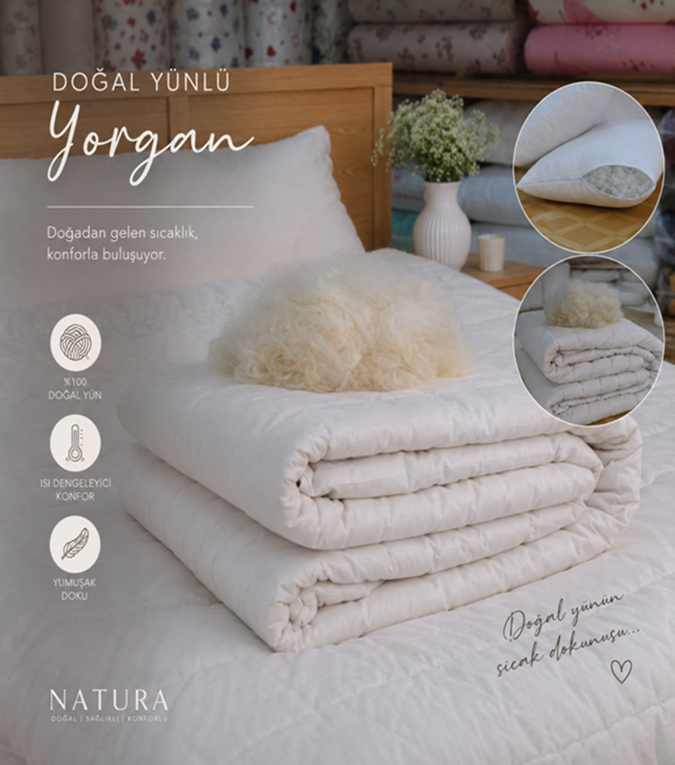 El Yapımı Yün Yorgan Tek kişilik (160x220 ) %100 Koyun Yünü