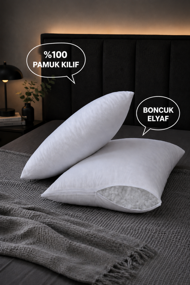 Boncuk Elyaf Yastık 2 Adet 50x70 Cm Pamuk Kılıf Beyaz %100 El Yapımı